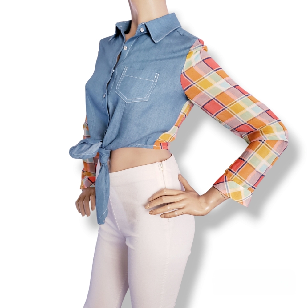 Chambray & Plaid Contrast Mixed Media Button Down Tie Front Blouse by Instyle